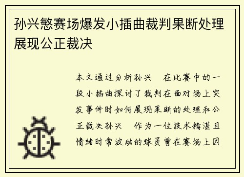 孙兴慜赛场爆发小插曲裁判果断处理展现公正裁决 孙兴慜赛场爆发小插曲裁判果断处理展现公正裁决